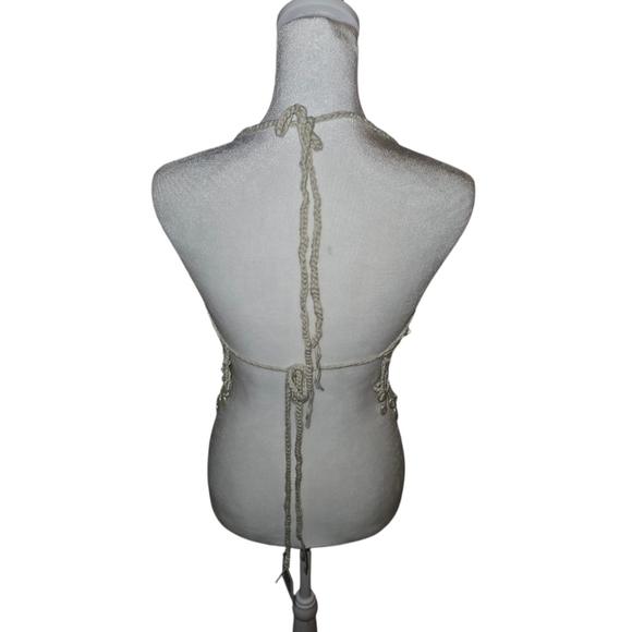 Hand Crafted Tan Crop-Top Fishnet triangular Design Hand Knit Crochet Swim Cover - Picture 6 of 17